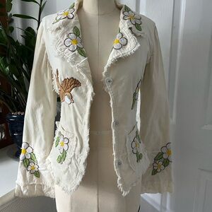 Joystick by Johnny Was Embroidered Cream Floral Blazer with Bird Motif